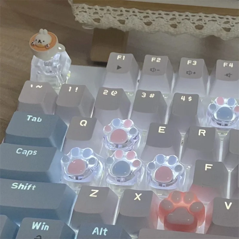 Novelty Cat Paws Pad Resin Keycaps Gaming Mechanical Keyboard Transparent Backlight RGB Cute Keycap Clear Light Through ESC WASD