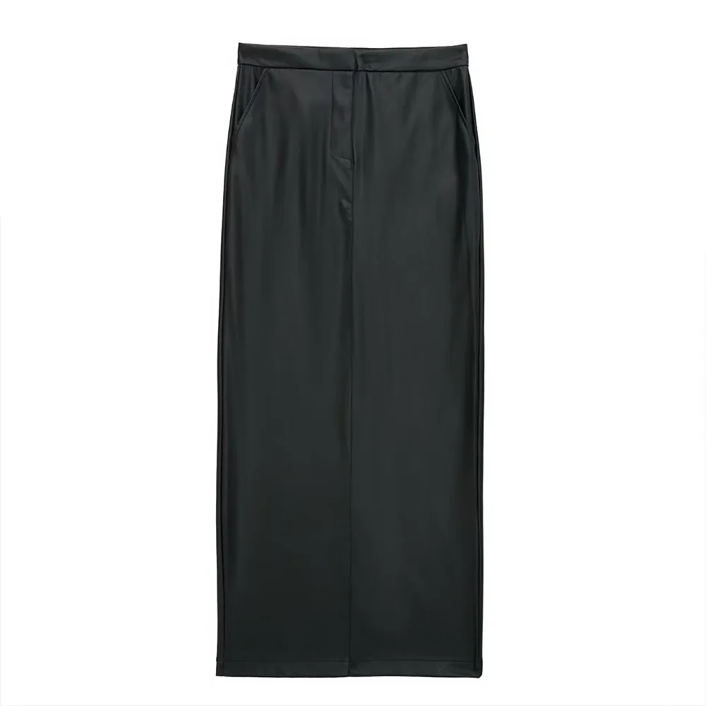 

BER&OYS&ZA Autumn/winter 2022 new women's clothing retro high waisted temperament slim black imitation leather MIDI skirt