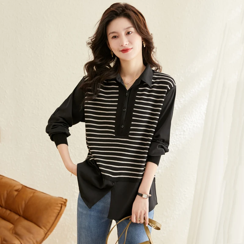 Весна 2023 Вязаный топ из двух частей Женская полосатая блузка в западном стиле с