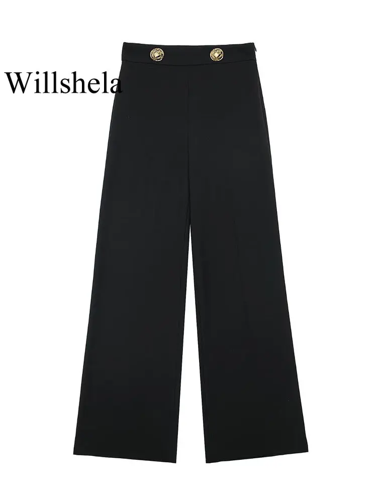 

Willshela Women Fashion Black Trousers With Button Vintage Side Zipper High Waist Female Chic Lady Straight Pants