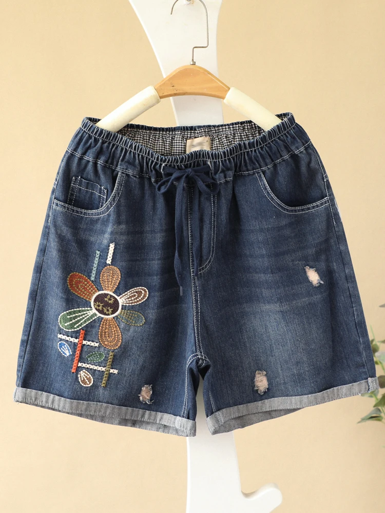 Summer Cartoon Patch Embroidered Denim Shorts Women's Clothes Loose Oversize Ripped Wide-Legged Hot Pants Thin Short-Length Pant