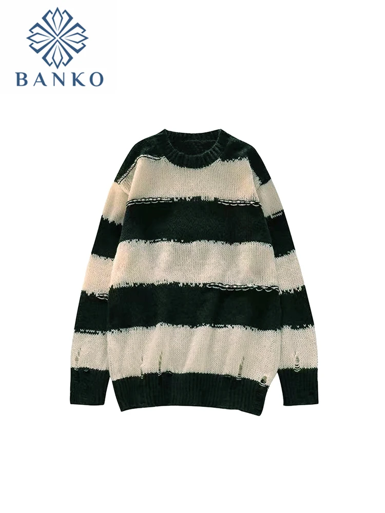 

Autumn Trendy Women Sweaters Loose Casual O-Neck Knitting Striped Simple Korean Style Long Sleeve Ripped Hole Tassels Pullovers
