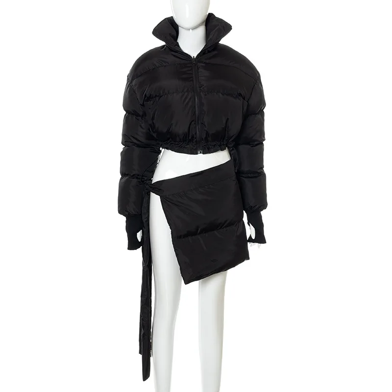 Women's 2022 autumn winter new solid color zipper stand-up collar waistless long-sleeved short skirt cotton suit two piece sets