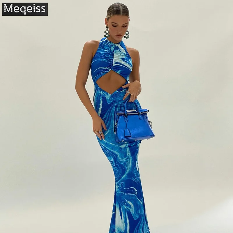 

Meqeiss 2021 New Summer Y2k Sexy Beach Bodycon Dresses Women Hollow Out Off Shoulder Backless Print Tie Dye Blue Maxi Dresses
