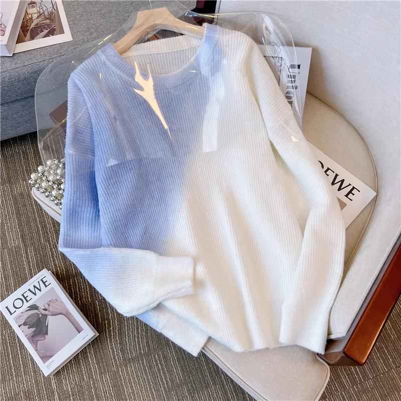 

Зимний мягкий свитер с градиентом, женские пуловеры, осень 2023, новый корейский Повседневный пуловер, вязаный свитер с напуском и длинным рук...