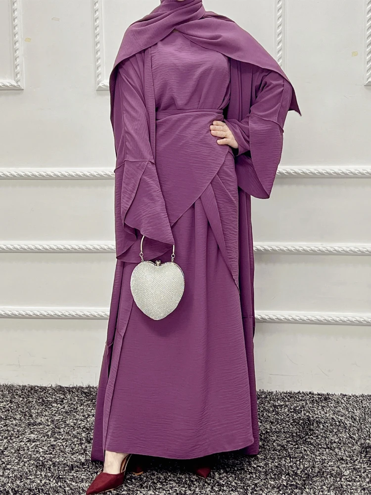 Abaya Dubai Turkey Muslim Hijab Dress Long Sleeve Open Abaya + Apron + Inner Dress Ensemble Femme Musulmane Islamic Clothing