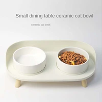 Ceramic Cat Bowl Double Anti Slip Dog Water Bowl Splash Proof Pet Feeder Wooden Pet Furniture Beds Luxury Wood Pets Products