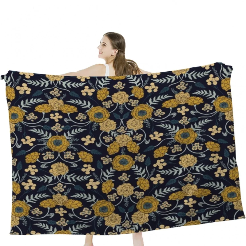 

Navy Blue Turquoise Cream & Mustard Yellow Dark Floral Pattern Throw Blanket Soft Velvet Blanket Travel Bedding Blanket