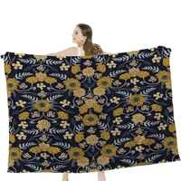 Navy Blue Turquoise Cream & Mustard Yellow Dark Floral Pattern Throw Blanket Soft Velvet Blanket Travel Bedding Blanket