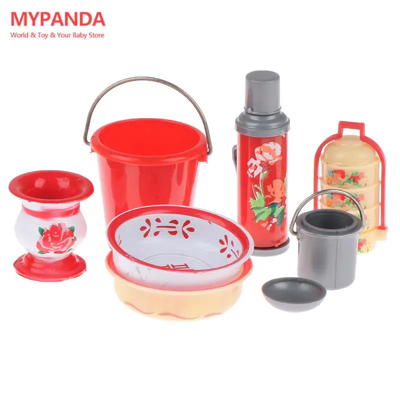 

8pcs/Set 1:12 Dollhouse Wedding Supplies Chinese traditional retro wedding dowry Wash Basin Water Bottle Bucket Decor Toy