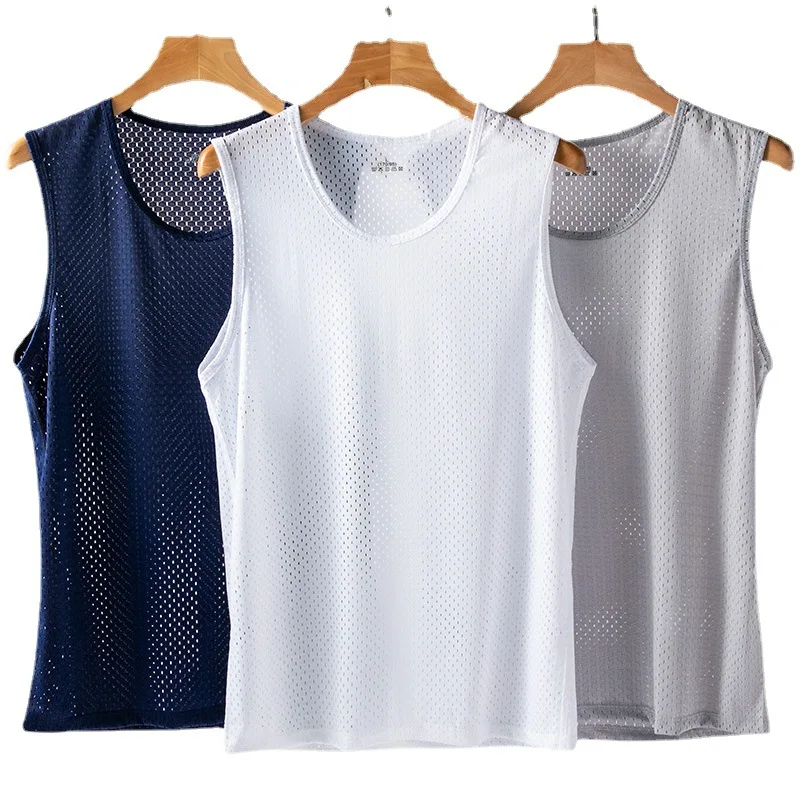

3PCS Men Tops Ice Silk Vest Outer Wear Quick-Drying Mesh Hole Breathable Sleeveless T-Shirts Summer Cool Vest Beach Travel Tanks