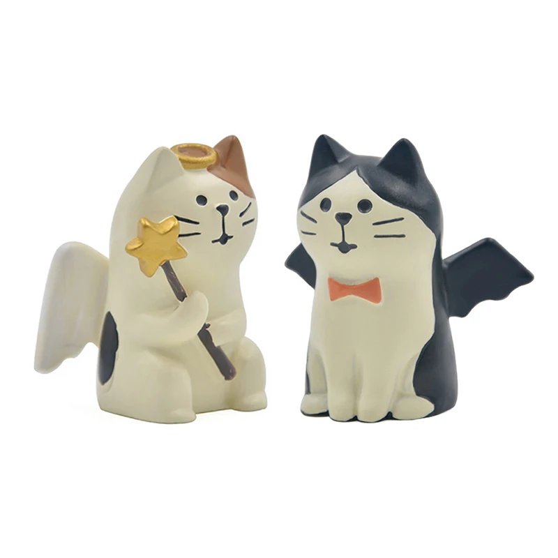 

1pc Angel Devil Cats Figurine Lover Resin Craft Anime Model Home Decor Miniature Fairy Garden Decoration DIY Accessories