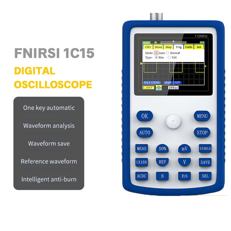 

FNIRSI-1C15 Professional Digital Oscilloscope 500MS/s Sampling Rate 110MHz Analog Bandwidth Support Waveform Storage