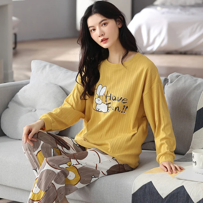 Pajamas Female Alphabet Rabbit Cotton Long-sleeved Trousers Sweet and Cute Can Be Worn Outside Home Clothes