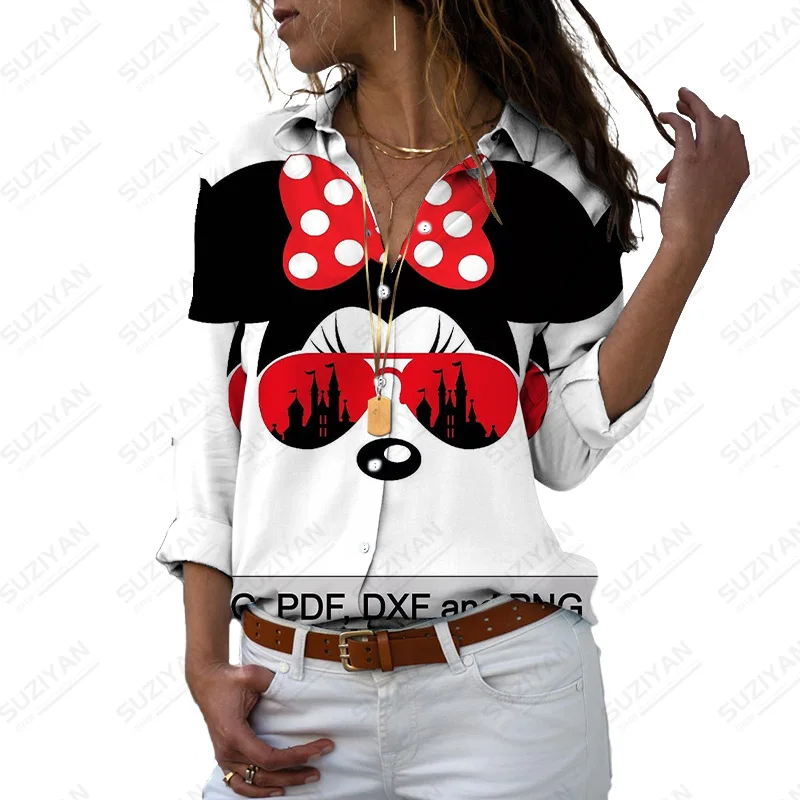 

Minnie Printed Women's Shirt Spring & Autumn New Long Sleeve Cardigan Casual Loose Long Sleeve Shirt Collar Top Temperament Wome