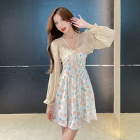 2022 summer new womens floral suspender dress sunscreen cardigan two piece elegant fashion suit sexy backless ladies clothes