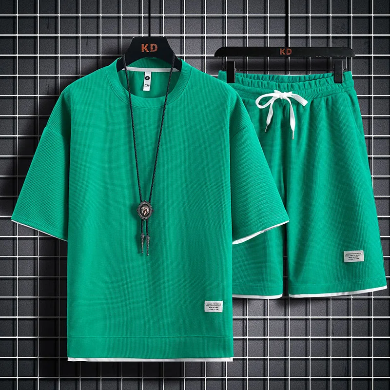 

10 Colors Summer Tracksuit Men 2 Pieces Set Solid O-neck T-shirt + Casual Shorts Sportswear Casual New Mens Clothing Ropa Hombre