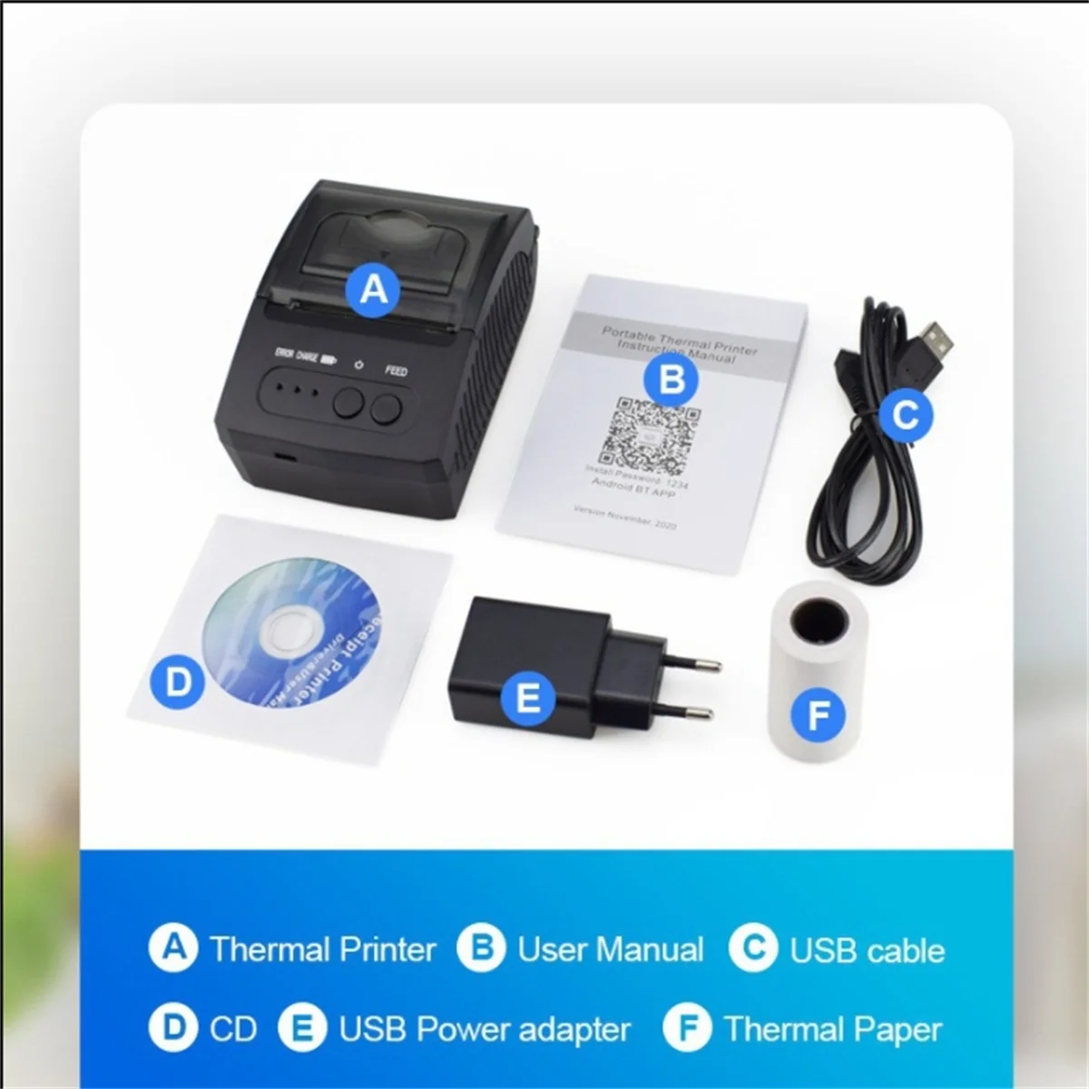 Портативный мини 58 мм USB синий зуб беспроводной мобильный термопринтер Bluetooth для