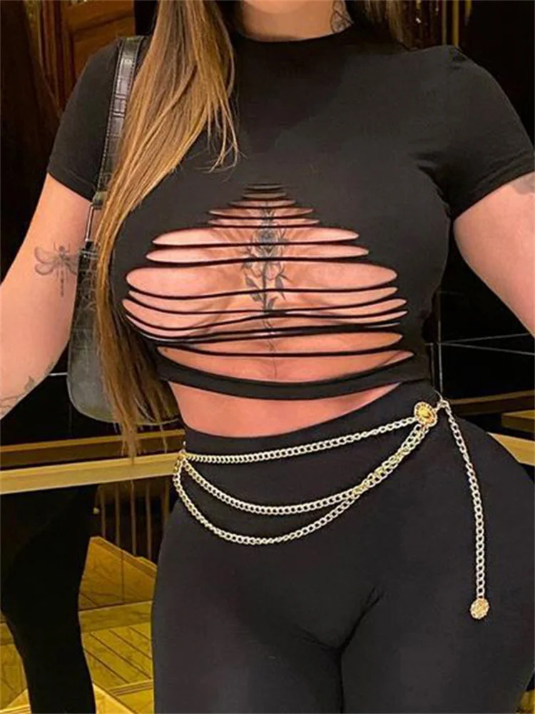 

Сексуальные черные футболки hirigin с вырезами, однотонные облегающие Базовые укороченные топы с коротким рукавом, женские летние футболки, но...