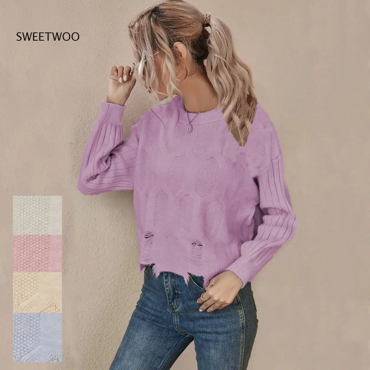 

2022 Autumn and Winter New O Neck Warm Sweater for Women Simple Casual Solid Color Sweaters Female Hollow out Knitted Tops