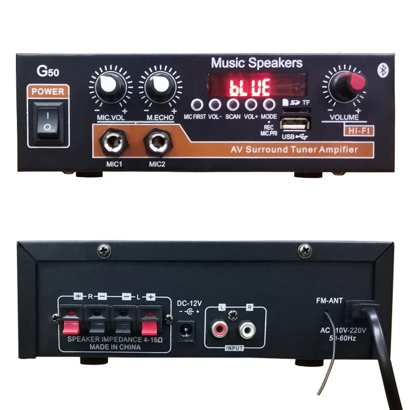 

NEW-G50 800W Bluetooth 5.0 Power Amplifier Module Sound Equipment Home Music Speakers For Car Tfcard FM U Disk 12V