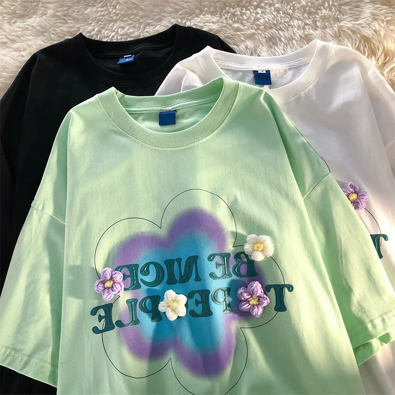 

Футболка женская оверсайз в стиле Харадзюку, хлопковая рубашка с круглым вырезом и коротким рукавом, топ с надписью и цветочным принтом, сво...