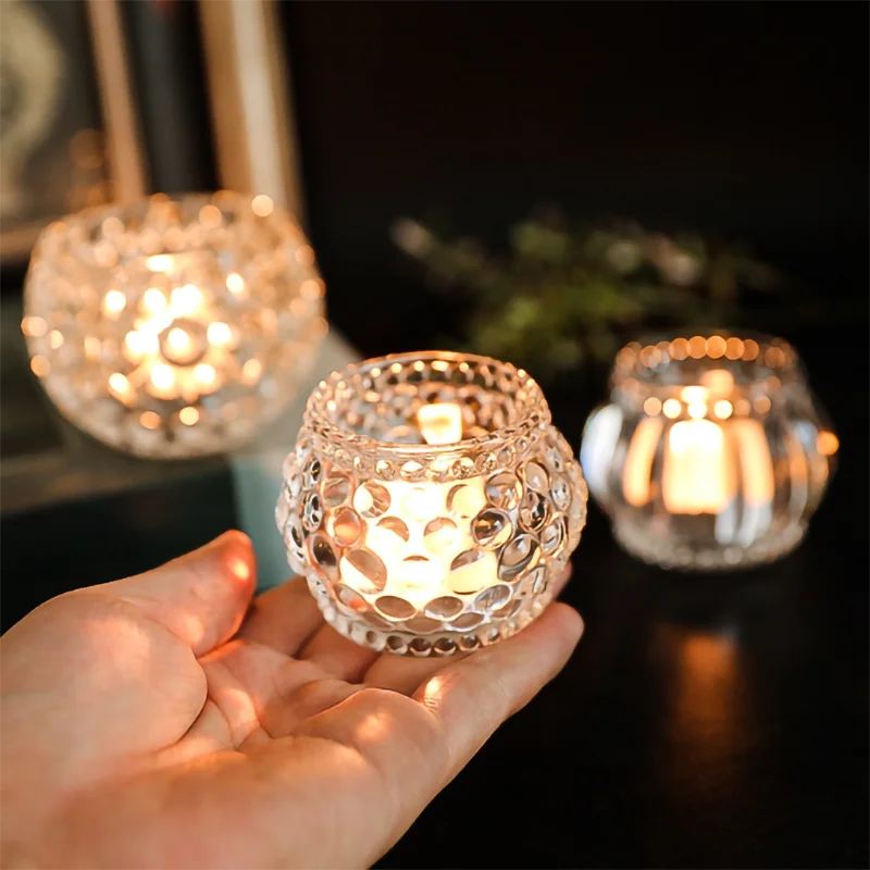 

European Exquisite Round Hollow Glass Candle HolderWax Holder Home Decoration Ornaments Christmas Wedding Banquet Bar Party 2 Pc