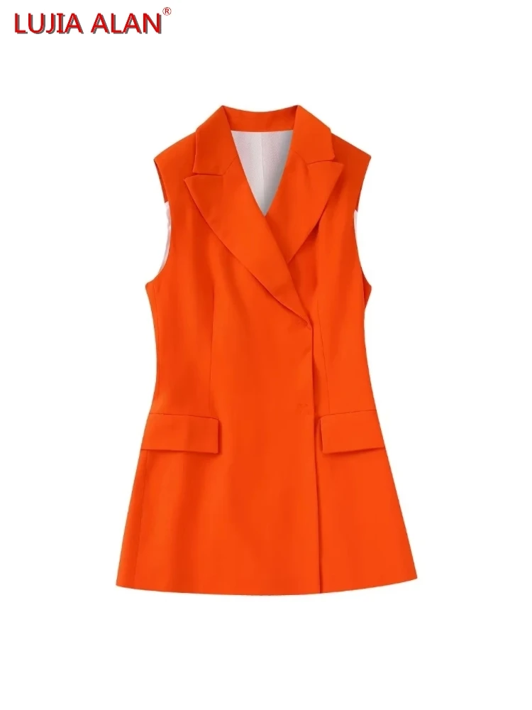 

Women Double Breasted Casual Suit Vest Coat Autumn Female Sleeveless Outerwear Loose Tops LUJIA ALAN C1533