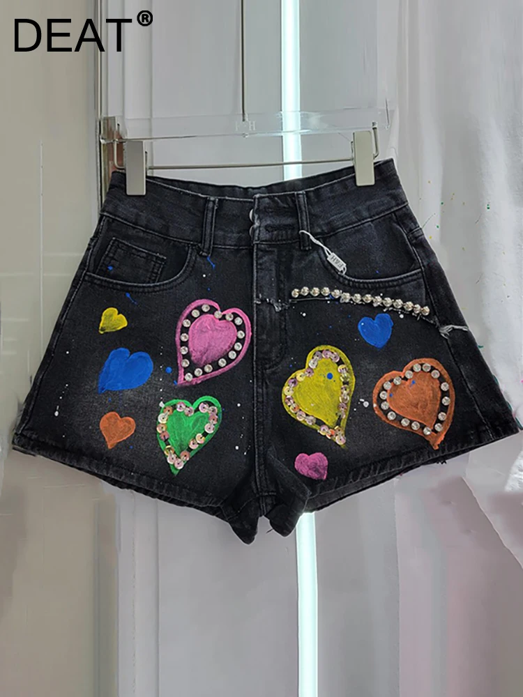 

Женские джинсы с завышенной талией DEAT, прямые широкие брюки из денима с цветным принтом в виде сердца, с блестками и заклепками, лето 2023