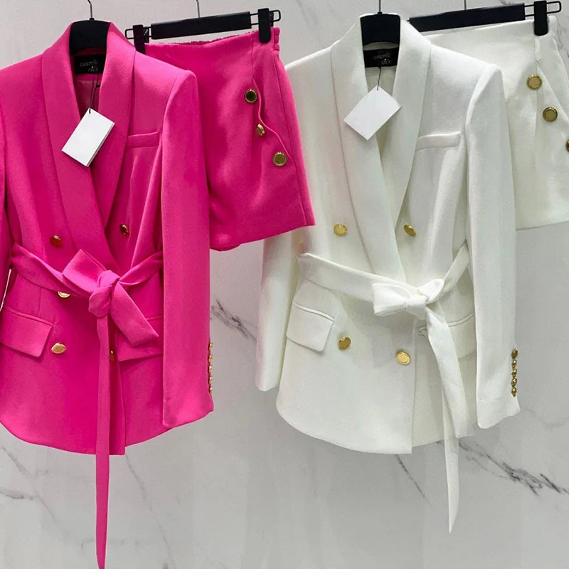 

22 Elegant Pink Double Breasted Belt Suit Coat Suits Women Designer Metal Button Lacing Slim Coat Elastic Waist Irregular Shorts