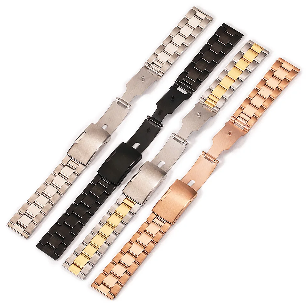 Watch Accessories 18mm 20mm 22mm Flat End Watch Bracelet All Steel Solid Band Diving Three Beads Fit For Men And Women's Strap
