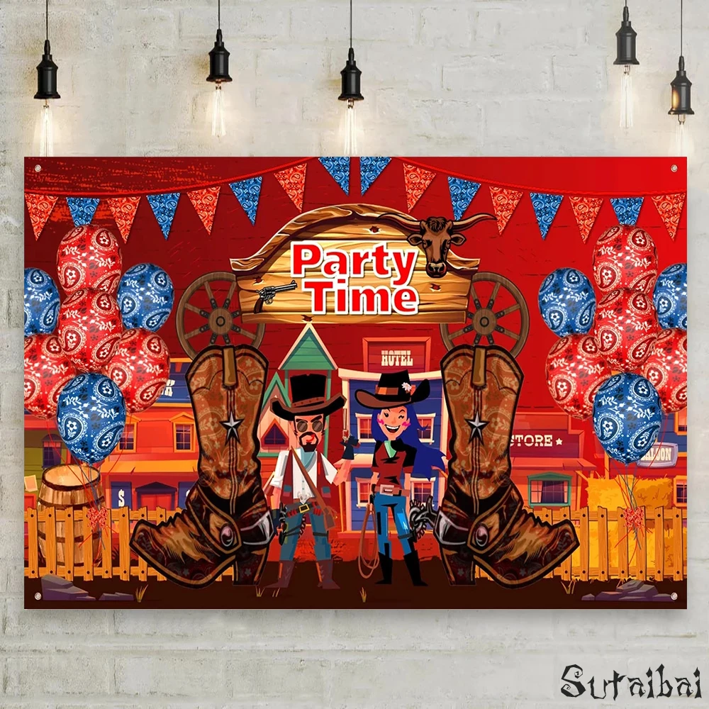 

Western Cowboy Backdrop Wild West Background Farm Child Birthday Baby Shower Country Party Time Decoration Balloon Supplies