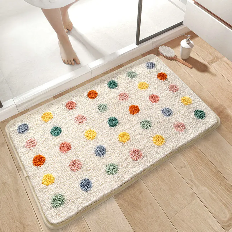 

Simple Colored Dots Doormat Soft Plush Tufting Shower Mat Microfiber Bathtub Floor Mat Non-slip Entrance Bathroom Absorbent Mat