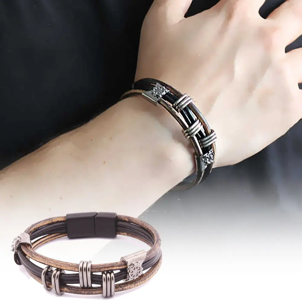 

Ship Rudder Design 3 Row Steel-leather Kombinli Male Bracelet