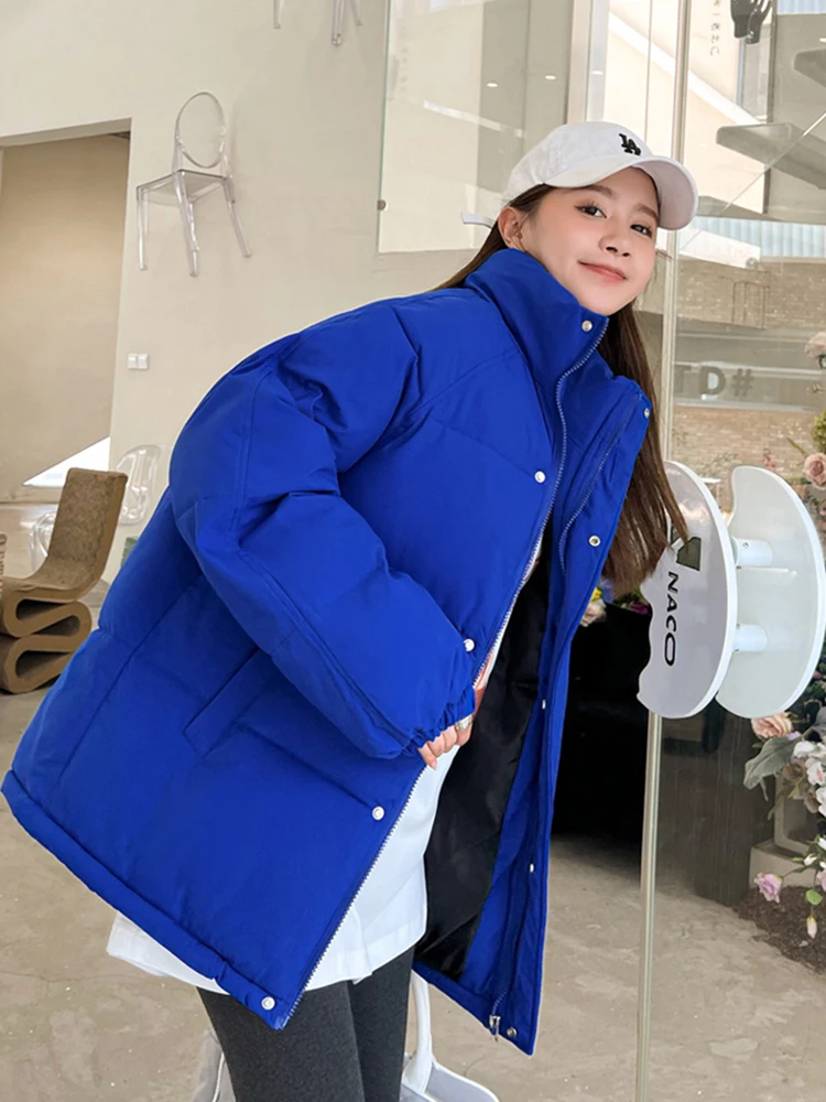 Winter Women Stand Collar Puffer Jacket Casual Long Sleeve Warm Parka Female Cotton Padded Jacket Loose Outwear