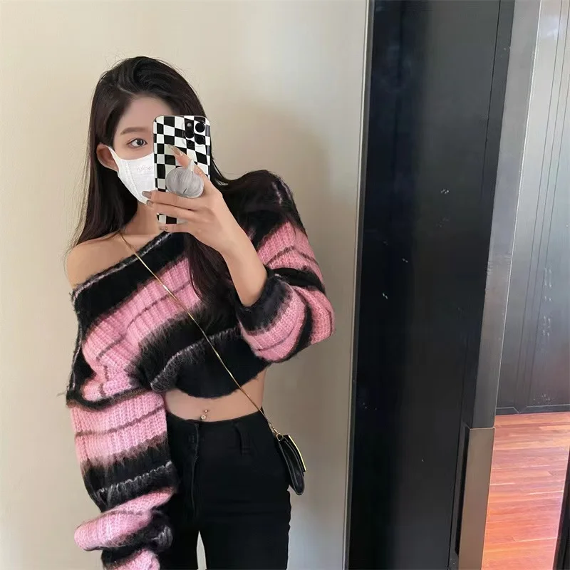 

Lazy Retro Chic Stripe Loose Sweater Female Korean Harajuku Women's Sweaters Japanese Kawaii Ulzzang Clothing For Women