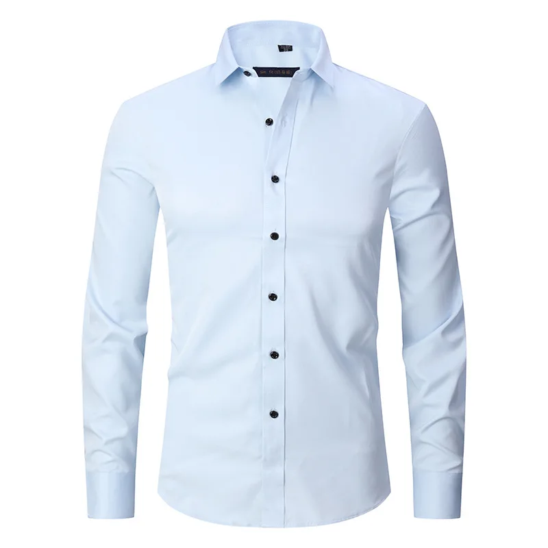 2022 Elastic Shirt Men's Long Sleeve Cross Border Men's Fashion Shirt Men's Shirt Slim Solid Inch Shirt