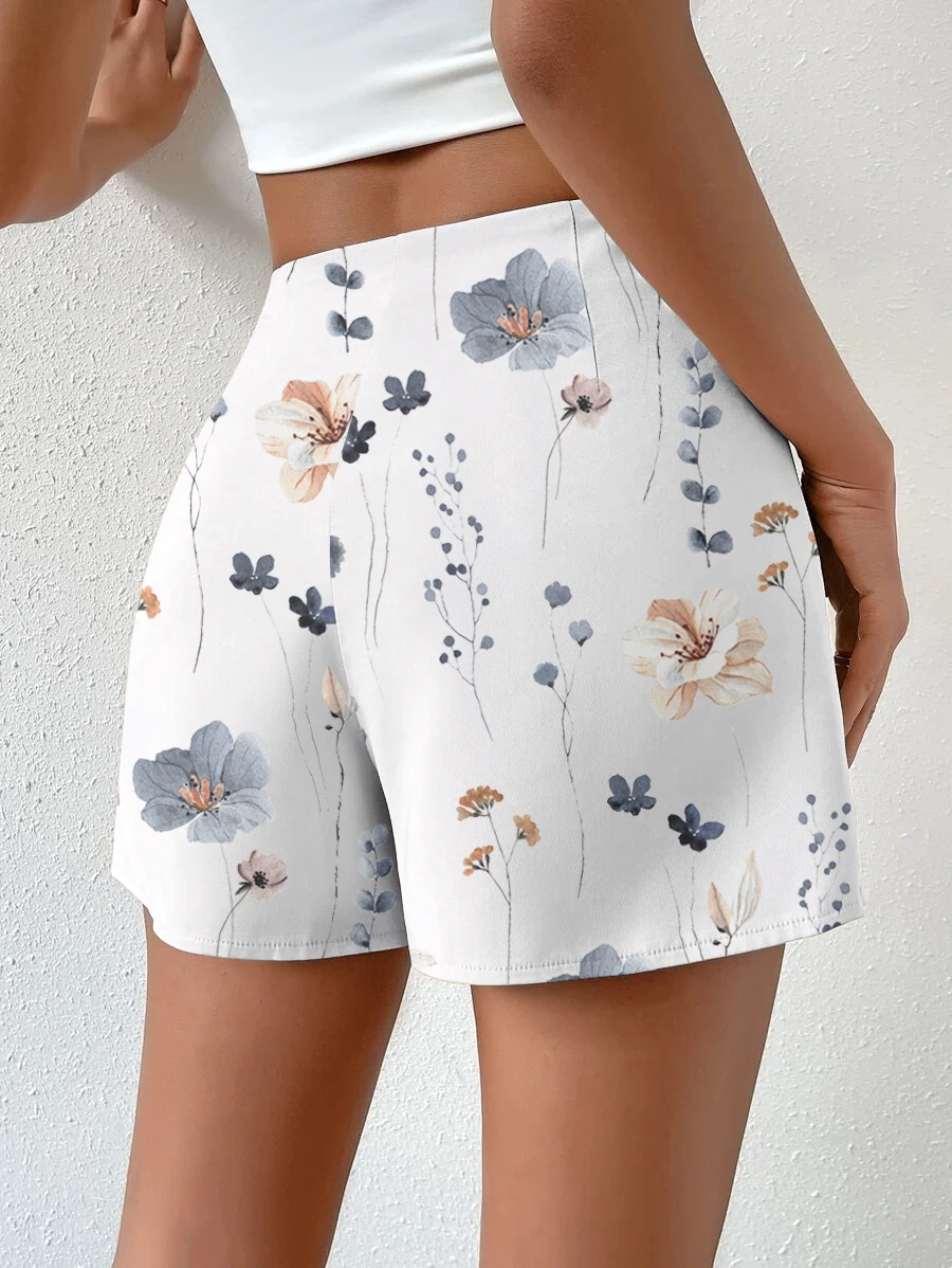 New Ninimour Women Floral Print Side Button Ruched Shorts 2023 Summer Women Casual Daily Wear Short Pants Summer Clothes Holiday