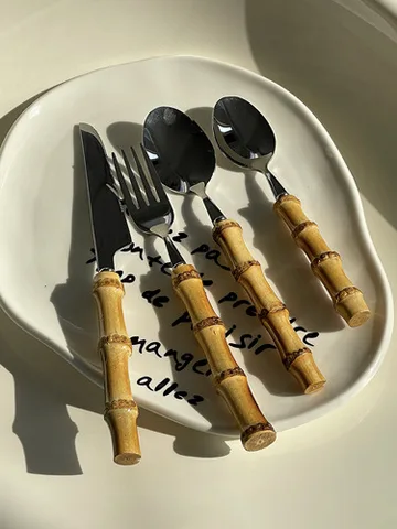 Ручка из натурального бамбука ручной работы, Западная еда, десертная вилка, столовая посуда из нержавеющей стали, ножи и ложки