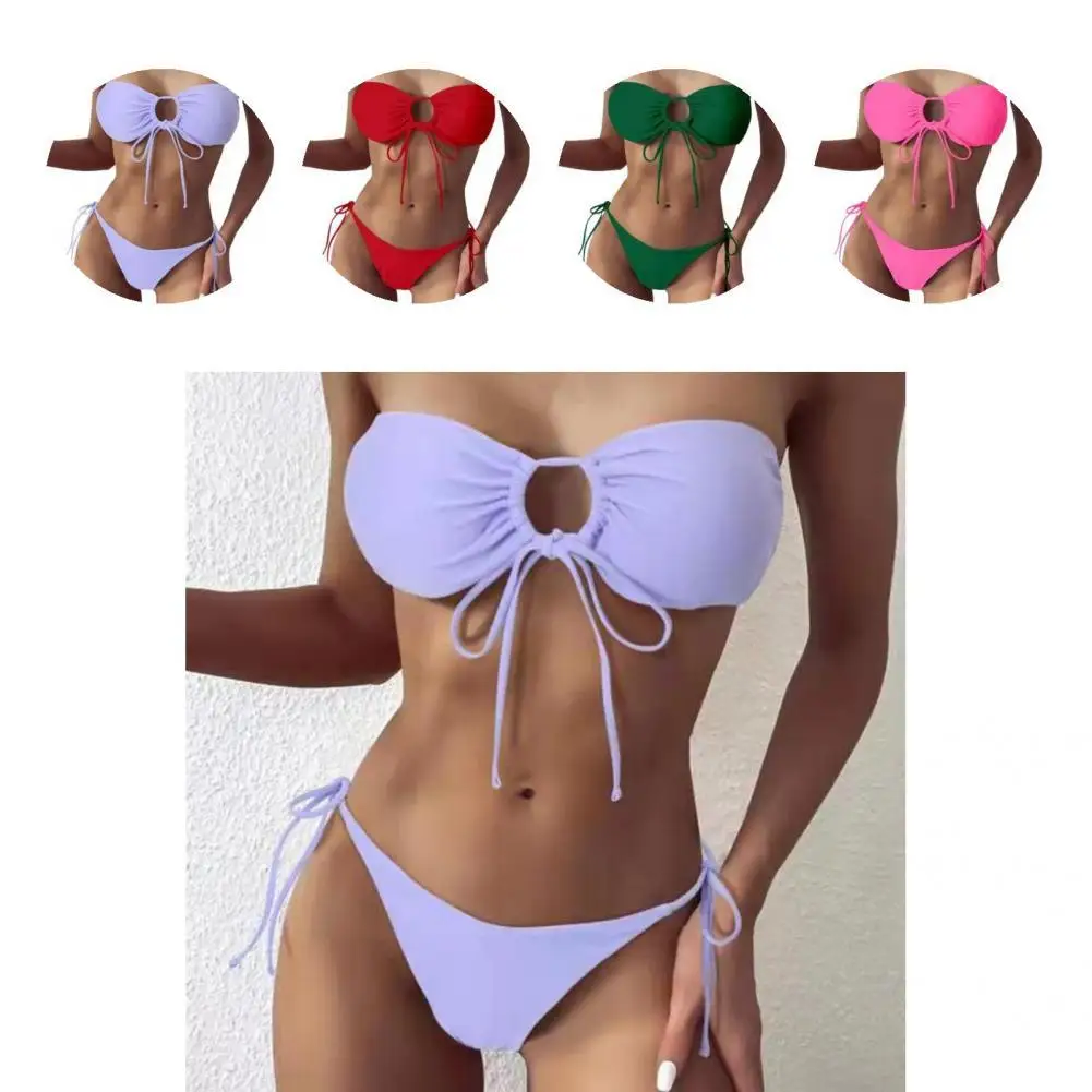 

2Pcs/Set Stylish Bathing Suit Bandage Female Split Bikini Adjustable Pure Color Swimwear