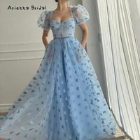 arietta baby blue hearty tulle prom dresses short puff sleeves sweetheart a line prom gowns with pockets formal party dresses