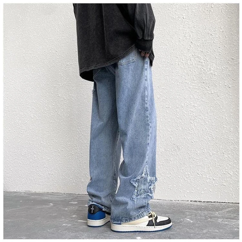 DEEPTOWN Men's Straight Jeans with Embroidery Stars Y2K Loose Casual Patch Youth Trousers Male Black Washed hip hop Streetwear