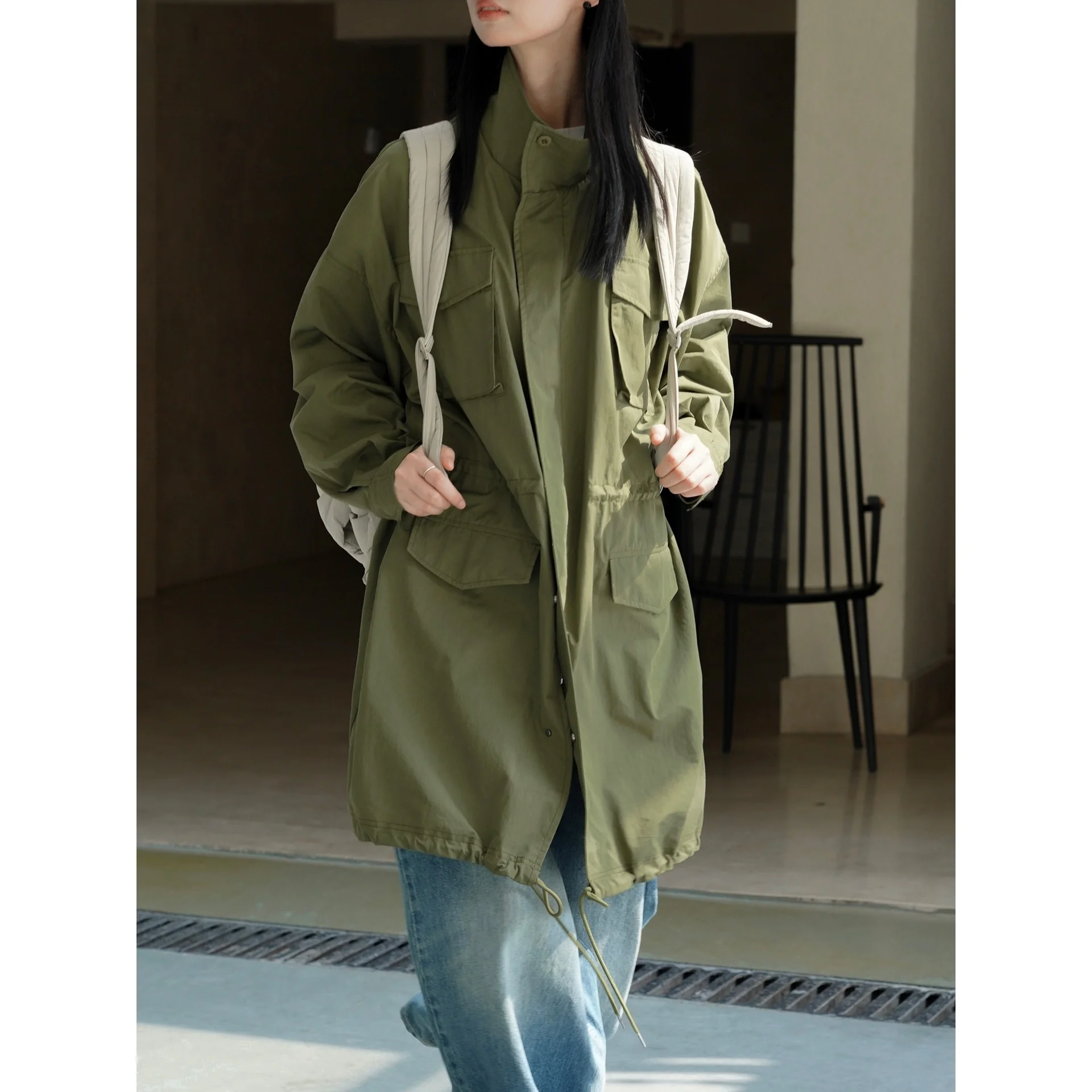 

Women's 2023 Spring Fall Green Trench Coats Stand Neck Button Down Overcoat Peacoat Drawstring Waist Outwear Casual Jackets