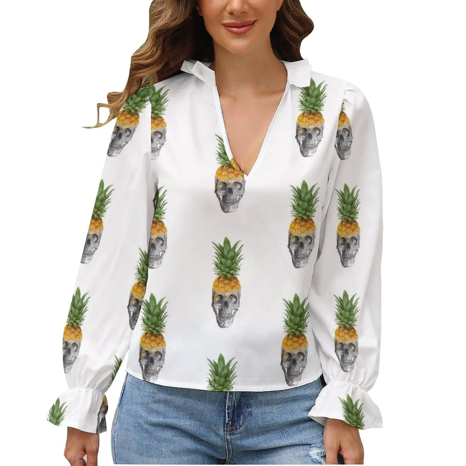 

Pineapple Blouse Food Ruffled Sale Beach Women Shirt Retro V Neck Shirts