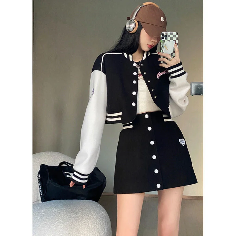 

Baseball Jacket With High Waist Skirt Two-piece Set Bomber Coat Women Korean Sweet Girl Vintage Stripe Casual Fashion Street Set