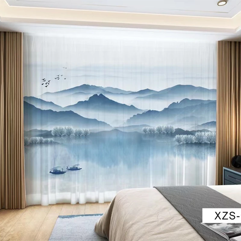 

Custom Chiffon Sheer Curtain Window Drape for Bedroom Living Room Mountain Hills River Boat Landscape