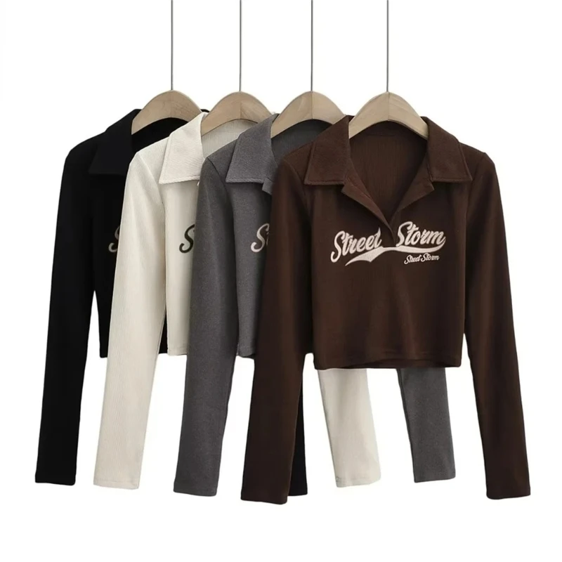 

Women Solid Color Letters Ribbed T-Shirt Lapel V-Neck Long Sleeve Slim Crop Top MXMA