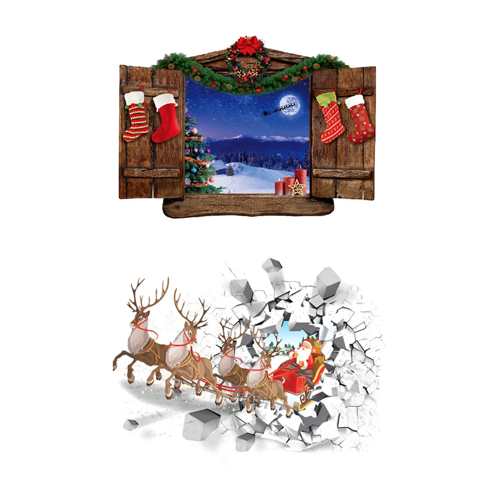 

Wall Christmas Stickers Window Holiday Decals 3D Stickerdecal Clingsdecorations Cracked Broken Santa Faux Removable Clingscenes
