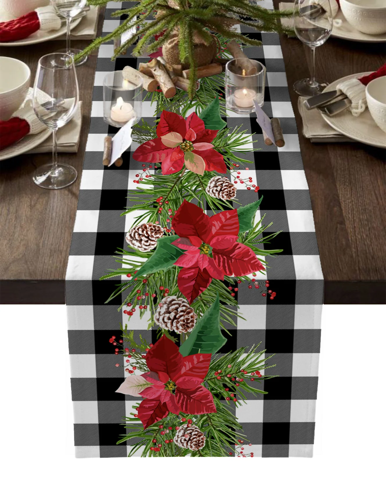

Poinsettia Christmas Black And White Plaid Wedding Decor Table Runners Coffee Table Kitchen Dining Table Cloths Home Party Decor