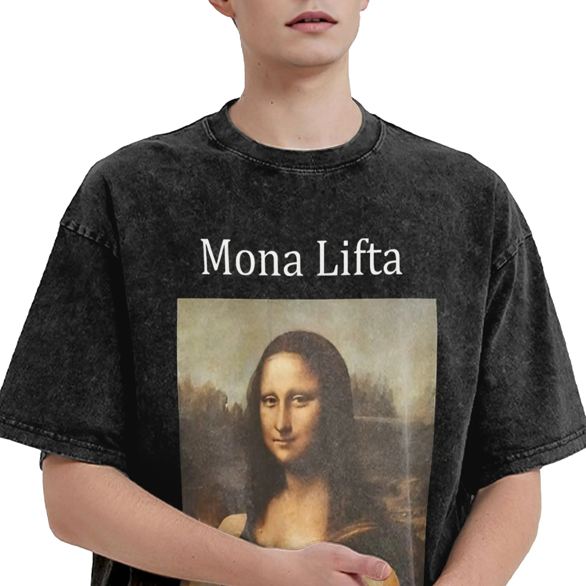 Фото Футболки La Gioconda Mona Lisa Gym Lover, хип-хоп футболки из выстиранного хлопка в стиле Харадзюку, винтажные футболки для мужчин и женщин, уличная одежда, летние футболки №2